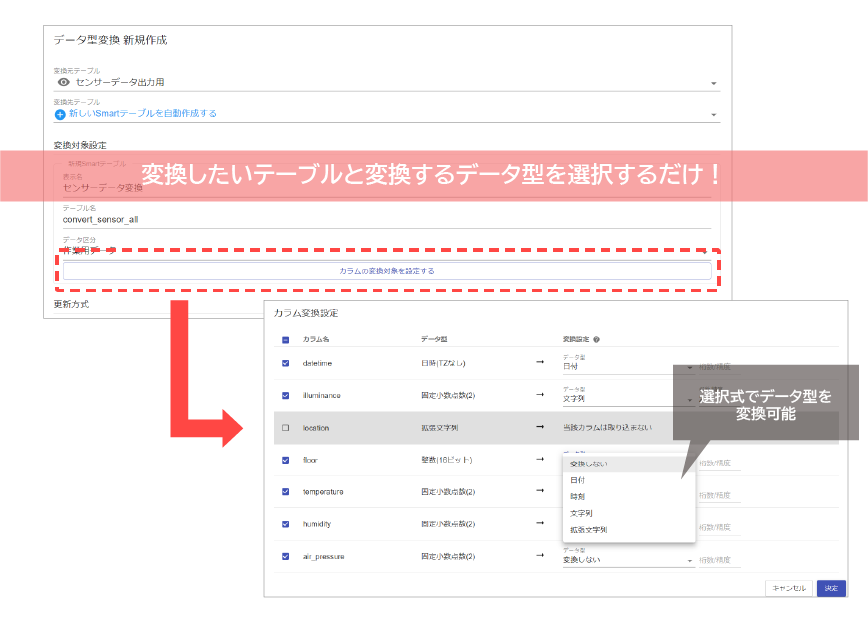 変換したいテーブルと変換するデータ型を選択するだけ！