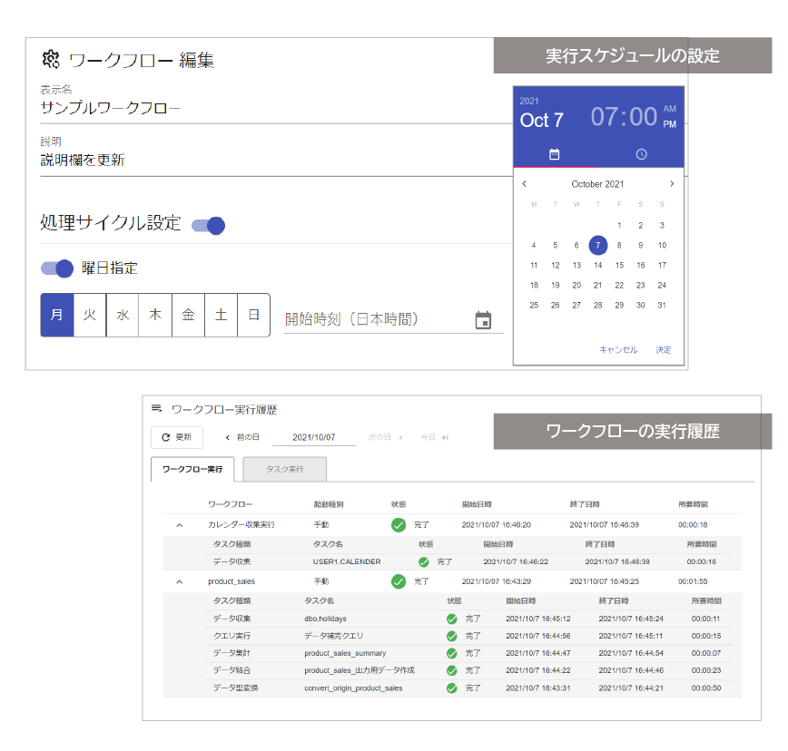 実行スケジュールの設定,ワークフローの実行画面